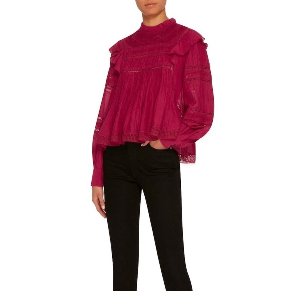 ISABEL MARANT Etoile Viviana Lace Embroidered Top Sz 36/Small Blouse Ruby Red
